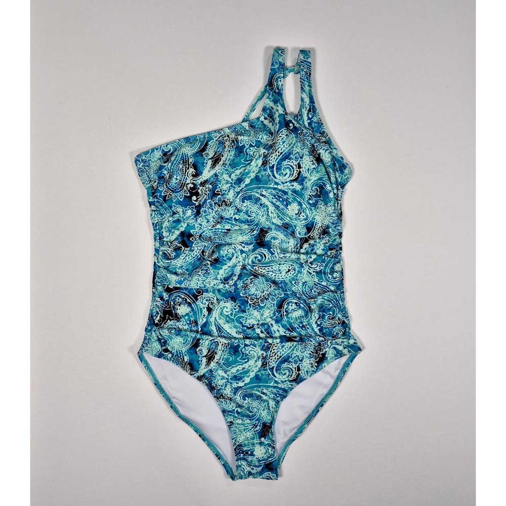 Holipick Blue Paisley One Shoulder Ruched Tummy Control One Piece Swimsuit NWT